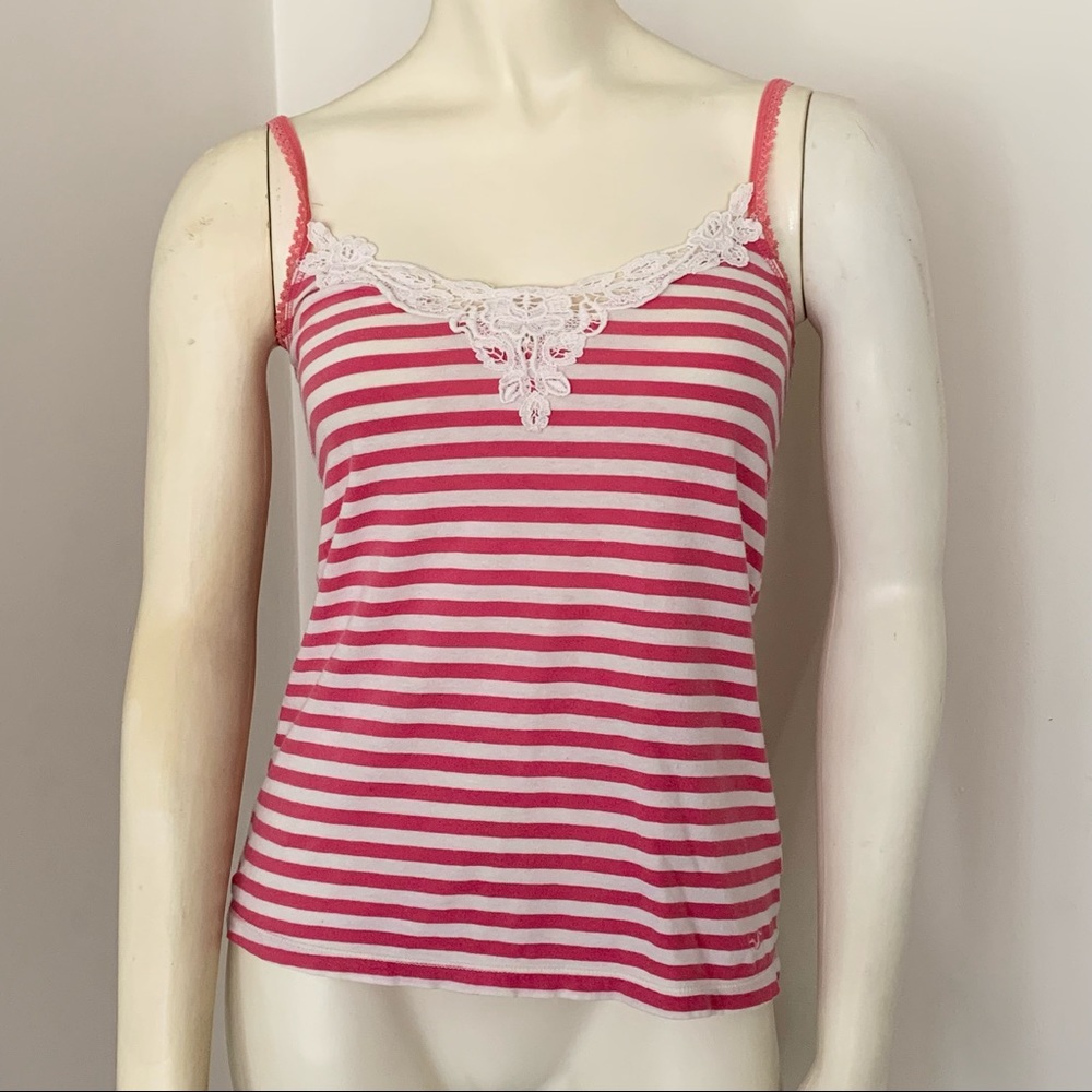 Hollister pink white striped Y2K tank top crochet lace trim Elena Gilbert summer
